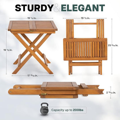 Idzo Mira Acacia Wood Folding Bistro Side Table Outdoor, 19.5 Inch x 19.5 Inch, Heavy Duty 200 Lbs Capacity Loading, Space-Saving for Garden & Balcony, No Assembly