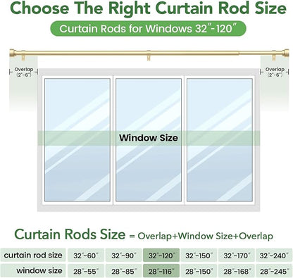 Time Forest Gold Curtain Rods for Windows 32 to 120 Inch (2.6-10 Feet), 1 Inch Diameter Adjustable Heavy Duty Extra Long Curtain Rod, Modern Style Indoor Outdoor Window Drapery Rods with End Caps