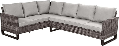 Belord Outdoor Sectional Sofa 6 Seater L Shaped Couch Wicker Patio Conversation Furniture Set Rattan Outdoor Furniture with Removable Washable Cushion Beige