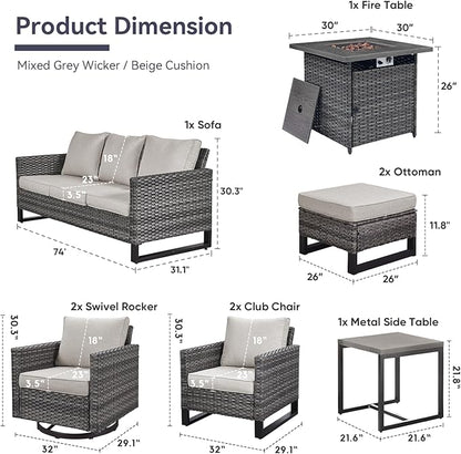 Belord Patio Furniture Set with Fire Pit Table: 9 Pieces Wicker Oversize Patio Conversation Set with Outdoor Swivel Glider Rocker Rattan Couch Ottomans, Anti-Rust Frame, Removable Cushion Beige