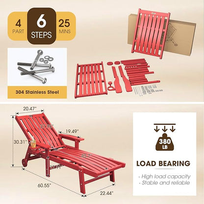 Patio Chaise Lounge Chair Set of 4, Oversized Lounge Chair Outdoor with 5 Positions, HDPE, Patio Lounge Chair with Wheels & Cup Holder for Pool, Deck, Poolside,Red