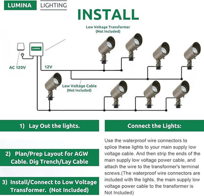 Lumina Lighting® 4W Landscape Lighting 12V Landscape Lights Low Voltage Landscape Spotlights Warm White Waterproof Outdoor Replaceable LED Bulb for Garden, Lawn, Porch, Patio and Yard(Bronze, 2-Pack)