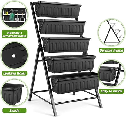 Suyncll Vertical Raised Garden Bed Planter Box,5 Tiers Vertical Garden Planter with Drainage System&4 Hooks for Herb Vegetables Flowers