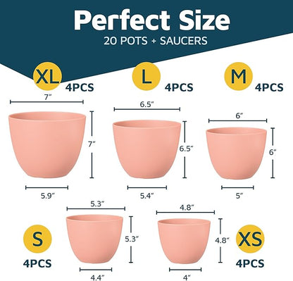 Planter Pots with Drainage Holes - Lightweight, Durable, and Space-Saving Pots for Indoor and Outdoor - Versatile Functionality, Simple Modern Design, Set of 20 Plastic Planter Pots - Pink