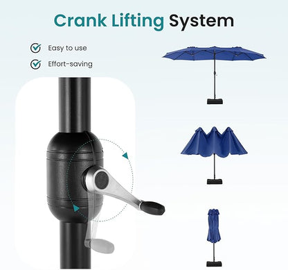 DUMOS 15FT Large Patio Umbrella with Base Included, Rectangle Table Umbrella Outdoor Patio, Outside Umbrellas for Deck, Market, Backyard, Blue