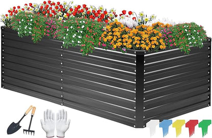 DTIG Galvanized Raised Garden Bed for Vegetables Flowers Herbs, Tall Metal Raised Garden Bed Kit with Garden Tools, Gloves, Plant Labels, Black 6×3×2FT