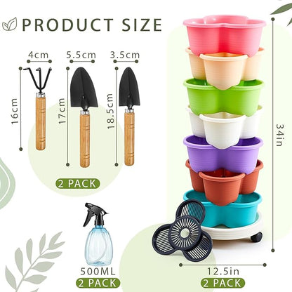 Umigy 2 Set Multicolor 7 Tier Stackable Vertical Planters with Removable Wheels and Tools Tower Planters Strawberry Herb Flower Vegetable Pots Indoor Outdoor Gardening Pots