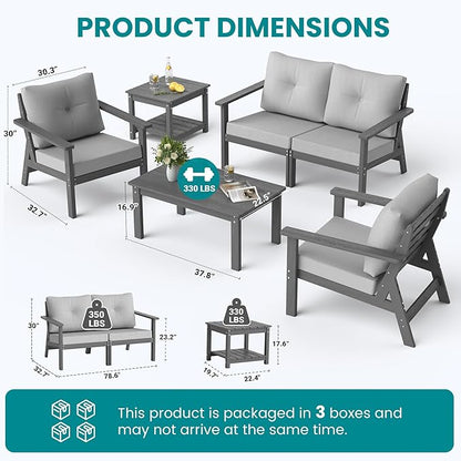 6-Piece HDPE Patio Furniture Set, Outdoor Sectional Sofa Set,All Weather Outdoor Couch with Dust-Free Cushions, Durable Patio Conversation Sets for Balcony, Porch, Gray