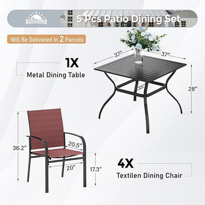 5 Piece Patio Dining Set for 4, 37”x37” Square Table with Umbrella Hole, 4 Metal Red Chairs, Outdoor Table and Chairs Set for Lawn Backyard and Deck