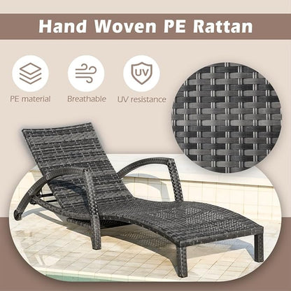 Chaise Lounge Chairs Outdoor Set of 2, Comfy Outside Wicker Patio Pool Lounge Chair w/ 5 Adjustable Back Angle, Cup Holder, Thicken Cushion