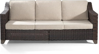 Joyside Patio Sofa - 3 Seater Rattan Sofa, All Weather High Back Sofa, Upgraded Large Size with 4inch Seat Cushions for Backyard, Garden, Poolside (Brown/Beige)