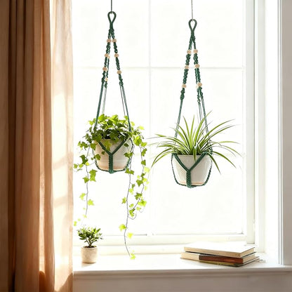 Macrame Plant Hanger,Up to 4-15 inch Pots, Wood Beads Cotton Hanging Planter Holder for Indoor Outdoor Boho Home Decor, 35 Inch, Ivory, Set of 2 (Green)