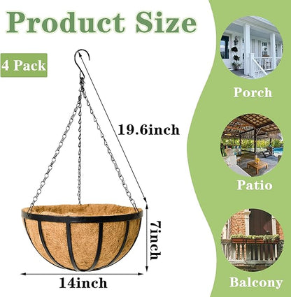 Black Flat Iron Metal Hanging Planter Basket with Coco Coir Liner(4 Pack, 14 Inch) Hanging Planters for Outdoor Plants Round Plant Flower Pots Hanging Flower Basket for Outdoor Patio Garden Decoration