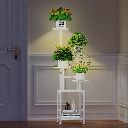 Plant Stand Indoor with Grow Light, 5-Tiered Tall Plant Stand Indoor, Metal Plant Shelf with Adjustable Light, Ideal for Living Room, Garden, Round Patio white