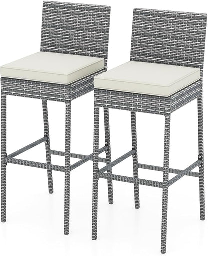 HAPPYGRILL Patio Wicker Barstools Set of 2, Outdoor Bar Height Chair w/Soft Seat Cushion & Cozy Footrest, Heavy-Duty Metal Frame, 400 lbs Max Load, Rattan Armless Bar Chairs