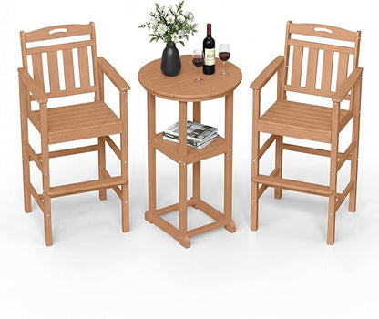 Ciokea 3-Pcs Bistro Table and Chairs, All-Weather Round High Top Bar Table with Storage Shelf and 2 Oversized Adirondack Chairs, Heavy Duty Outdoor Bar Set Patio Bistro Set for Balcony Deck, Teak