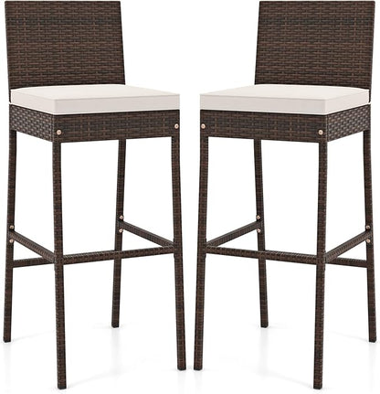 HAPPYGRILL Wicker Patio Barstools Set of 2, Outdoor Rattan Bar Chairs with Footrest & Backrest, Armless High Top Chairs with Seat Cushions for Backyard, Balcony