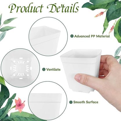 OJYUDD 72 Pcs 3 Inch White Square Plastic Pots with Saucer,White Plastic Plant Seedling Pots,Seedling Nursery Pots Indoor Outdoor for Succulents/Plant,Garden,Office and Balcony Decor