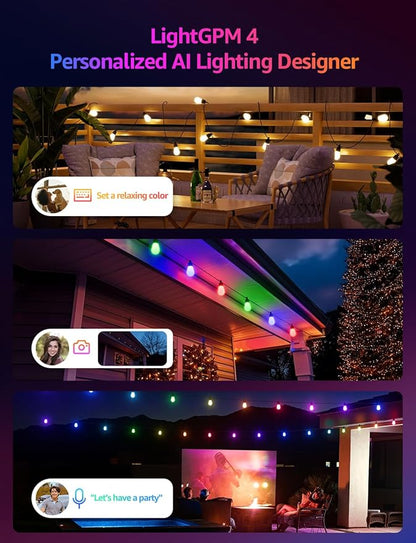 Lepro ZB1 AI Smart Outdoor String Lights APP Control, 100(88+12) ft RGB+IC+Warm White Outdoor Light 30 LED Bulbs, NOT Extendable, Alexa Google Enabled, Music Sync, NO Remote, 2.4 GHz WiFi+Bluetooth