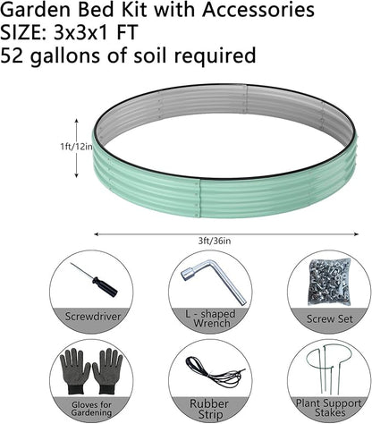 Galvanized Metal Planter Round Raised Garden Bed Kit for Gardening Outdoor，3x3x1ft Grow Garden Box Raised Flower Bed，Round Galvanized Planter Outdoor Large Metal Fire Pit Ring Green
