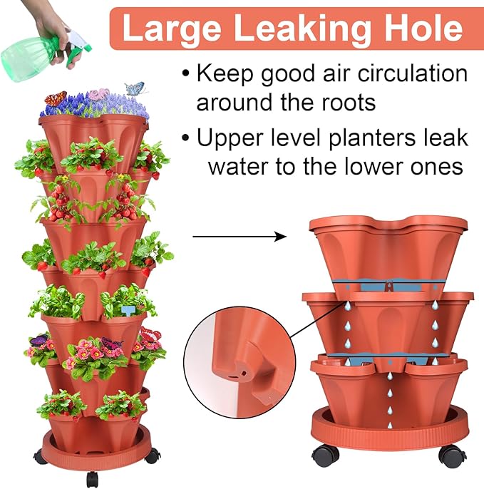 DUNCHATY Stackable Planter Vertical Strawberry Planter with Garen Tool Set Self Watering Garden Planter Indoor/Outdoor 7 Tier Garden Tower Herb Planter for Growing Vegetables and Succulents Clay Red