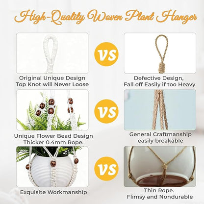 35 Inch Macrame Plant Hanger, Large for up to 15 Inch Pot Extra Long Hanging Planter Holder Basket with Wood Beads for Indoor Outdoor Home Decor (Ivory, 2-Pack)