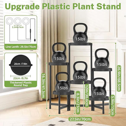 iDavosic.ly 6 Tier Folding Plant Stand Indoor Outdoor with Grow Light, Tiered Corner Flower Holder Shelf with Plastic Tray, Metal Orchid Display Rack for Patio Porch Living Room Garden Balcony, Black