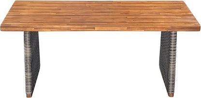 Christopher Knight Home Pasco Acacia Wood Outdoor Dining Table Set for 6, Wicker Patio Dining Set with Acacia Wood Table and Bench, Patio Table and Chair Set with Cushion+Rope Backrest, Teak+Grey