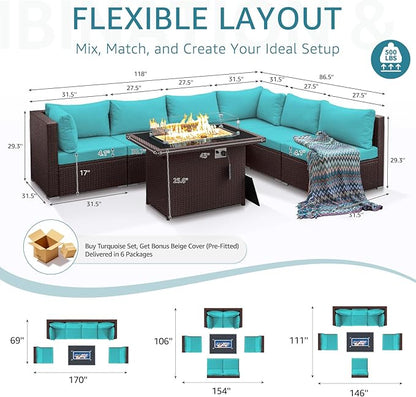 NICESOUL 7 Piece Outdoor Furniture Set with Firepit Natural Gas & Propane, Plus Size Big Modern Patio Conversation Couch, 29.3 High Back Comfy Sectional Sitting Group, Brown Rattan and Teal Cushoin