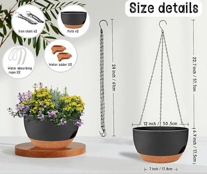 2 Pack 12 Inch Self Watering Hanging Planters for Indoor Plants, Large Black Brown Plastic Hanging Pots with Chains for Outdoor Patio Garden Home Decor Black Brown