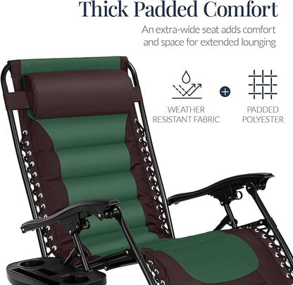 Best Choice Products Oversized Padded Zero Gravity Chair, Folding Outdoor Patio Recliner, XL Anti Gravity Lounger for Backyard w/Headrest, Cup Holder, Side Tray, Polyester Mesh - Espresso/Green