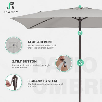 JEAREY 6.5x10 ft Rectangular Patio Umbrellas Rectangle Outdoor Umbrella with Push Button Tilt and Crank, Market Table Umbrella 6 Sturdy Ribs UV Protection for Poolside Garden Backyard Deck, Foggy Gray