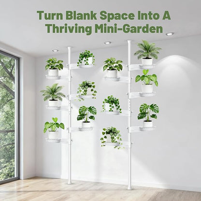 Tension Rod Plant Stand, Plant Poles for Hanging Plants Indoor, 6 Tier Tension Pole Plant Hanger, Floor to Ceiling Plant Pole with 6 Trays Hanging Plant Stand, White