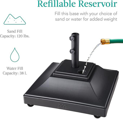 Best Choice Products Fillable Mobile Umbrella Base, Heavy Duty Base, Square Tiered Market Stand for Patio, Deck, Outdoor w/ 4 Wheels, 2 Locks, 2 Knobs, 120lb Capacity - Black