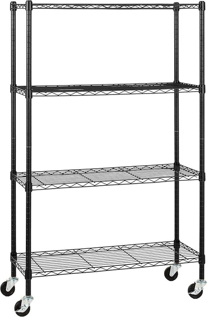 Amazon Basics 4-Shelf Heavy Duty Garage Shelving Storage Unit on 3" Wheel Casters, Adjustable Metal Wire Rack with Leveling Feet, 36" x 14" x 57.75", Black