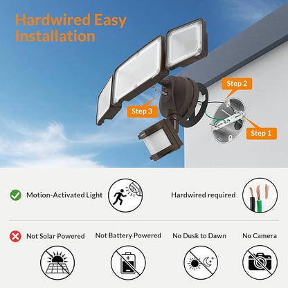 LEPOWER LED Security Light Motion Sensor Light Outdoor, 38W 4200LM Motion Security Light, 5500K, IP65 Waterproof, 3 Head Motion Detected Flood Light for Garage, Yard, Porch (Brown)