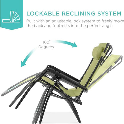 Best Choice Products Folding Zero Gravity Outdoor Recliner Patio Lounge Chair w/Adjustable Canopy Shade, Headrest, Side Accessory Tray, Textilene Mesh - Dusty Green