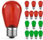 15 Pack S14 Colored LED String Light Bulbs, 1W Plastic Shatterproof Replacement Bulbs for Outdoor Patio Backyard Lights, E26 Medium Base, Dimmable, Warm White 2200K, Red/Green