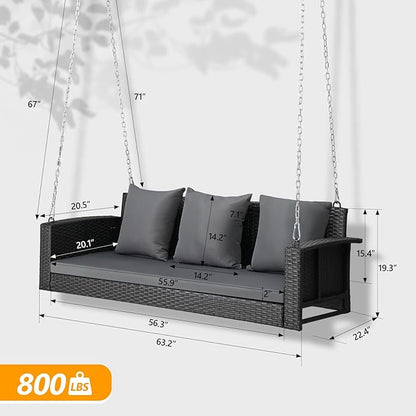 VINGLI Heavy Duty 800 LBS Wicker Hanging Porch Swing with Cushions & Chains, 5FT Outdoor Rattan Swing Bench for Garden, Yard, Lawn (Black)