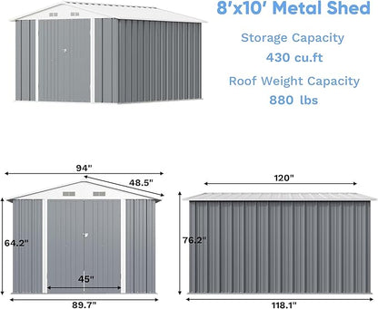 Greesum 8×10FT Outdoor Storage Shed, Metal Patio Storaged Sheds with Lockable Doors, Sheds & Outdoor Storage for Bike, Backyard, Pool and Garden, Gray