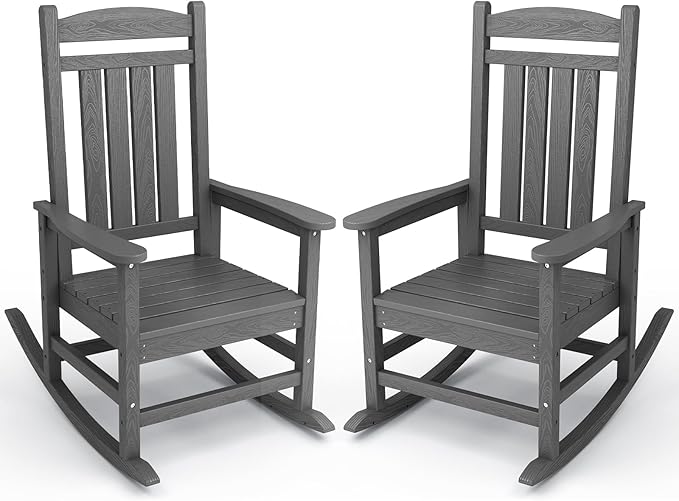 HDPE Rocking Chairs, Set of 2 in Grey, Weather-Resistant Outdoor Patio Seating