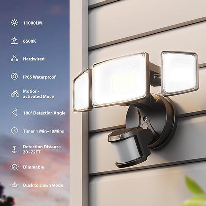 Onforu 100W LED Motion Sensor Outdoor Lights, Dusk to Dawn Flood Light Outdoor Motion Sensor, Hardwired Security Lights Floodlights Outside 11000LM 6500K Daylight IP65 Waterproof (Black)