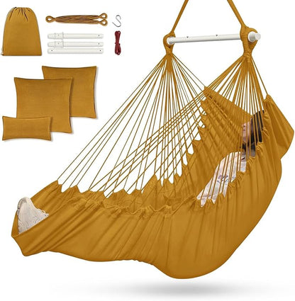 Outerman Hammock Chair, Hanging Chair with 3 Cushions and Foot Rest Support, Sturdy Metal Spreader Bar Max 500Lbs, Swing Chair for Bedroom, Indoor & Outdoor, Patio, Porch or Tree（Khaki）