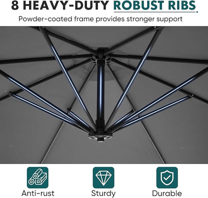 OLIXIS 9.7FT Offset Patio Umbrella with Base, Cantilever Table Umbrellas for Outdoor Sun Shade UV Protection with Easy Tilt Adjustment, 8 Ribs for Backyard, Lawn, Garden, Pool - Grey