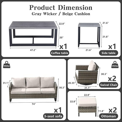 Belord 7 PCS Outdoor Furniture Set, Mixed Grey Wicker, Beige Cushion, Includes Swivel Rocker Chairs, Sofa, Ottomans, Water-Resistant