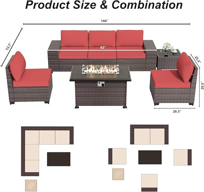 ALAULM 7 Pieces Patio Furniture Set with Fire Pit Table 55000BTU, Oversized Seat/Armrest and High Back Wicker Conversation Set with Thick Cushion for Backyard, Garden, (Red)