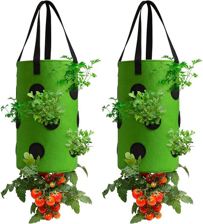 2 Pack Green Upside Down Tomato & Herb Planter, Outdoor Hanging Durable Aeration Fabric Strawberry Planter Bags