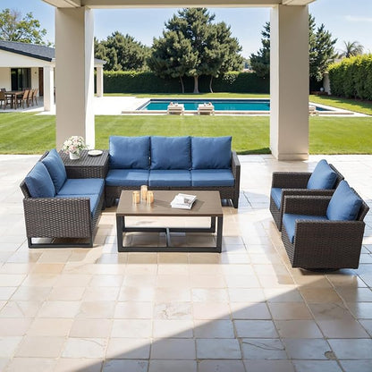 Belord Family Reunion Patio Conversation Set - 6 Piece Outdoor Sectional Furniture Set with Storage Box and Wicker Swivel Glider Chair Set of 2,Removable Blue Cushions for Deck Backyard Sunroom