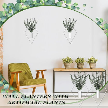 Jexine 8 Pcs Hanging Planters with Artificial Eucalyptus Metal Hanging Vase Indoor Plants Holder Modern Geometric Boho Bathroom Wall Decor for Living Room Home Office (Eucalyptus,White)