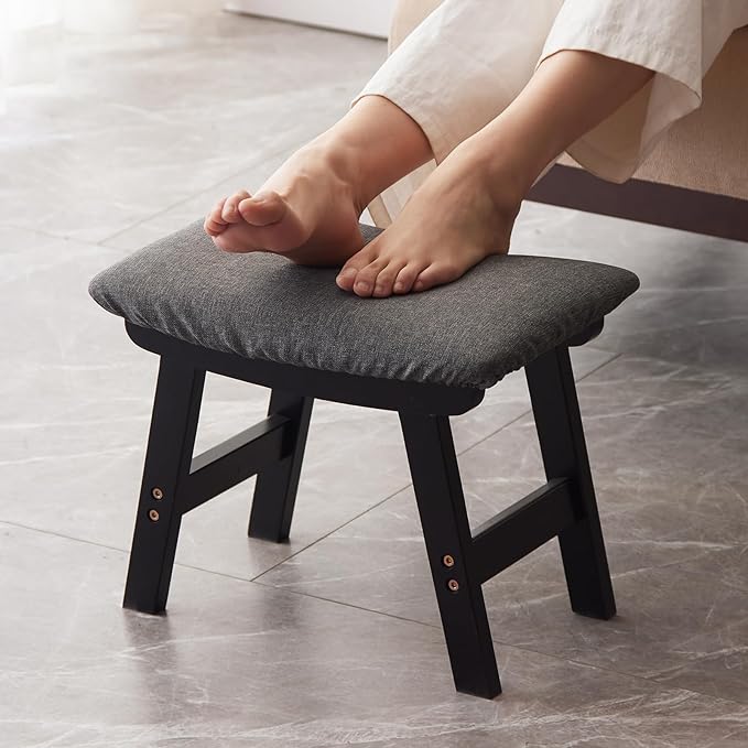 Foot Stool,Ottoman,Bamboo Small Sofa Foot Rest Under Desk,Extra Seating for Living Room, Bedroom and Kitchen (Black Stool Legs - Gray Surface)